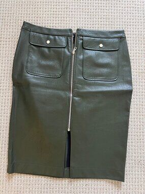 River Island Olive Green Faux Leather Zip Front Pencil Skirt Size 18